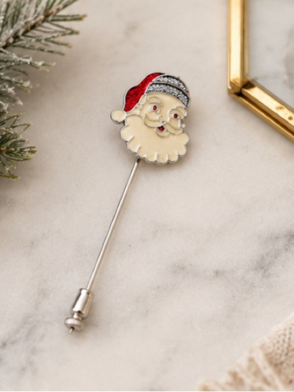 Sterling Silver Enamel Santa Claus Stick Pin Christmas Lapel Hat Tie Pin Vintage - Picture 4 of 10